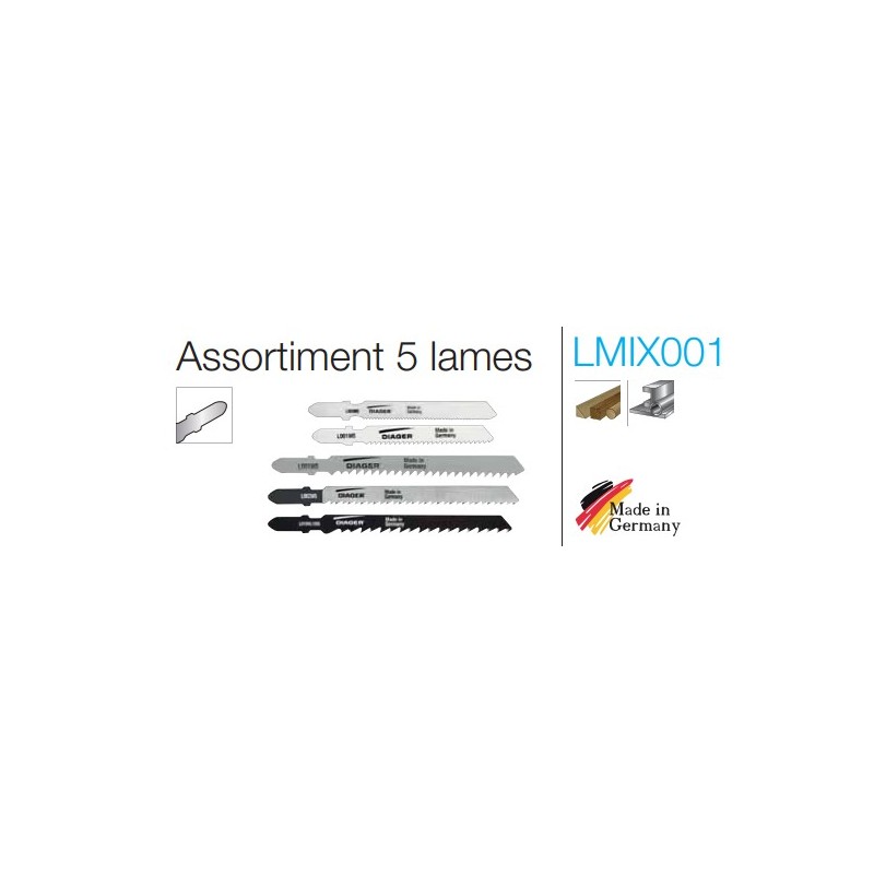 Assortiment de 5 Lames de scie sauteuse bois et métal DIAGER LMIX001